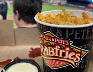 Crabfries and cheese sauce are pictured at Yankee Stadium