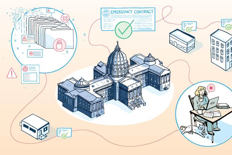 An illustration features the Pennsylvania Capitol Building and a web of emergency contracts.