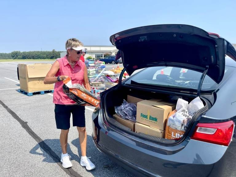 Volunteer Judy Stout helps load a trunk with food at the Food Bank of Delaware's monthly drive-thru distribution