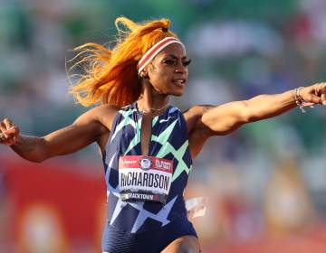 Sha’Carri Richardson celebrates in the 100-meter semifinal last month at the U.S. Olympic Track & Field Team Trials in Eugene, Ore. However, a positive drug test disqualified her result at the trials. Sha'Carri Richardson celebrates in the 100-meter semifinal last month at the U.S. Olympic Track & Field Team Trials in Eugene, Ore. However, a positive drug test disqualified her result at the trials. (Patrick Smith/Getty Images)