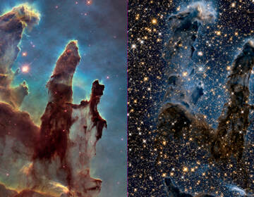 Images of the Eagle Nebula show the Hubble Space Telescope's ability to capture pictures in both visible (left) and infrared (right) light. NASA is celebrating the successful restart of the telescope's payload computer, opening the door to more observations. (NASA)