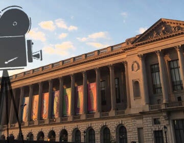 An illustration of a film projector overlays an image of the Philly Free Library