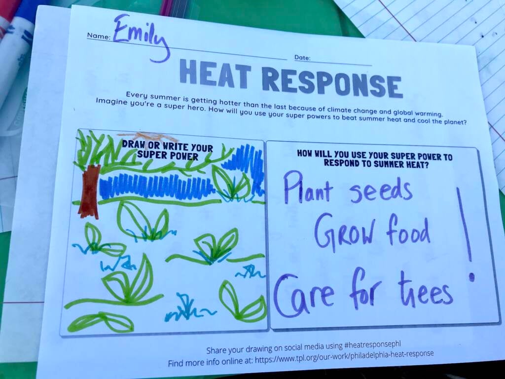 A Seedlings coloring book prompt asks the reader to imagine using their super power to beat summer heat and cool the planet. 