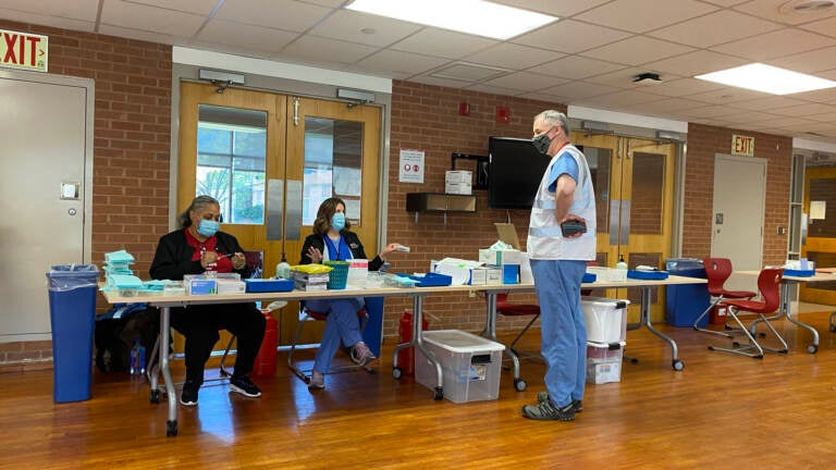 Health care workers at the Temple University vaccination clinic in April 2021 (Danya Henninger / Billy Penn)