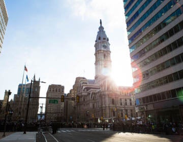 Philadelphia City Hall is seen at sunrise on the day of the Eagles Super Bowl parade