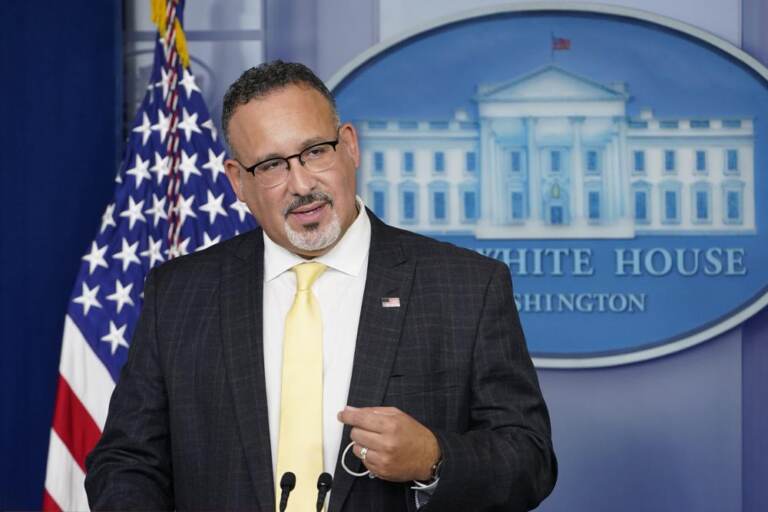 Miguel Cardona speaks during a press briefing