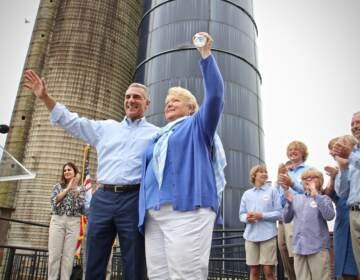 Jack Ciattarelli and Diane Allen wave to supporters during a press conference