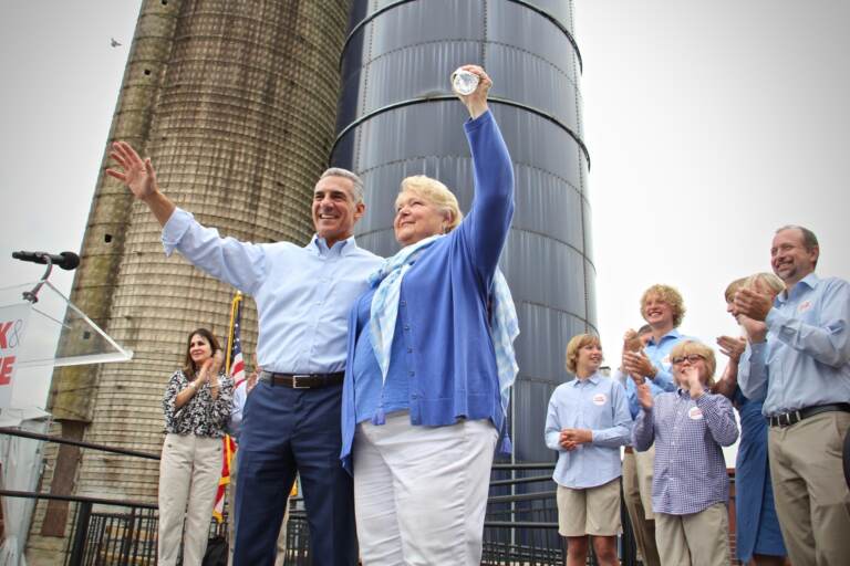 Jack Ciattarelli and Diane Allen wave to supporters during a press conference