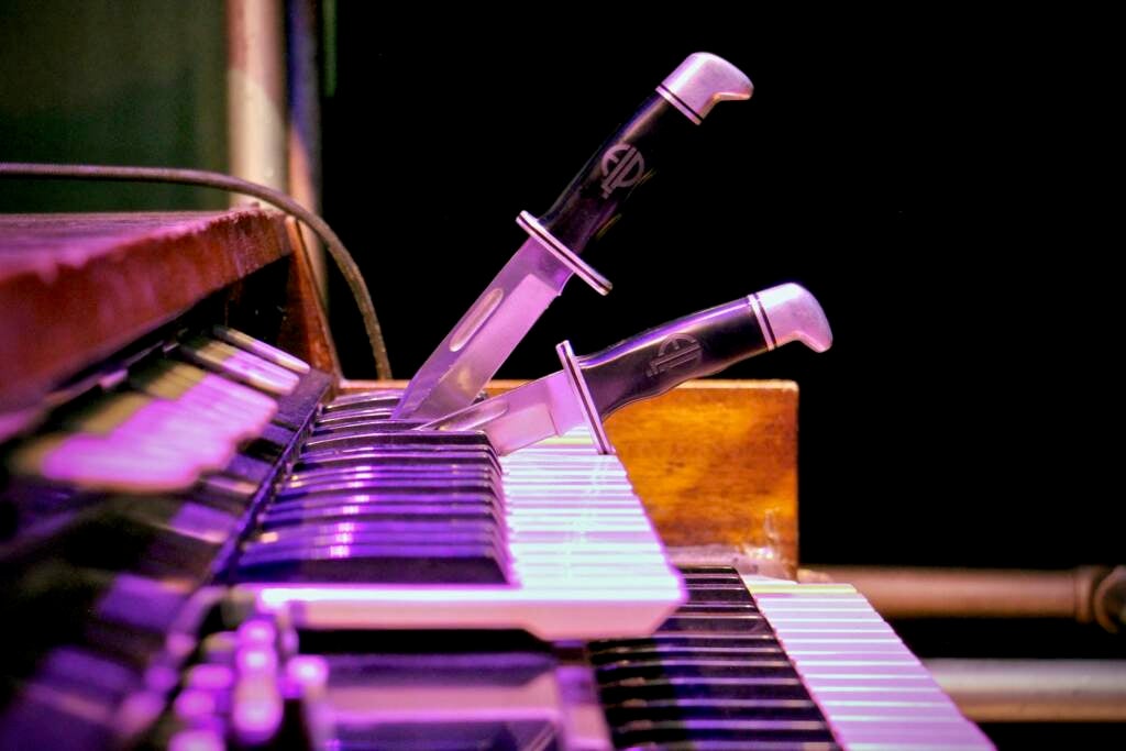 The daggers that Keith Emerson used to hold notes on his Hammond L100 organ are left in place