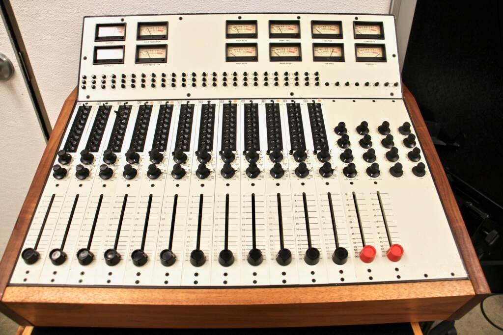 A mixing board on display