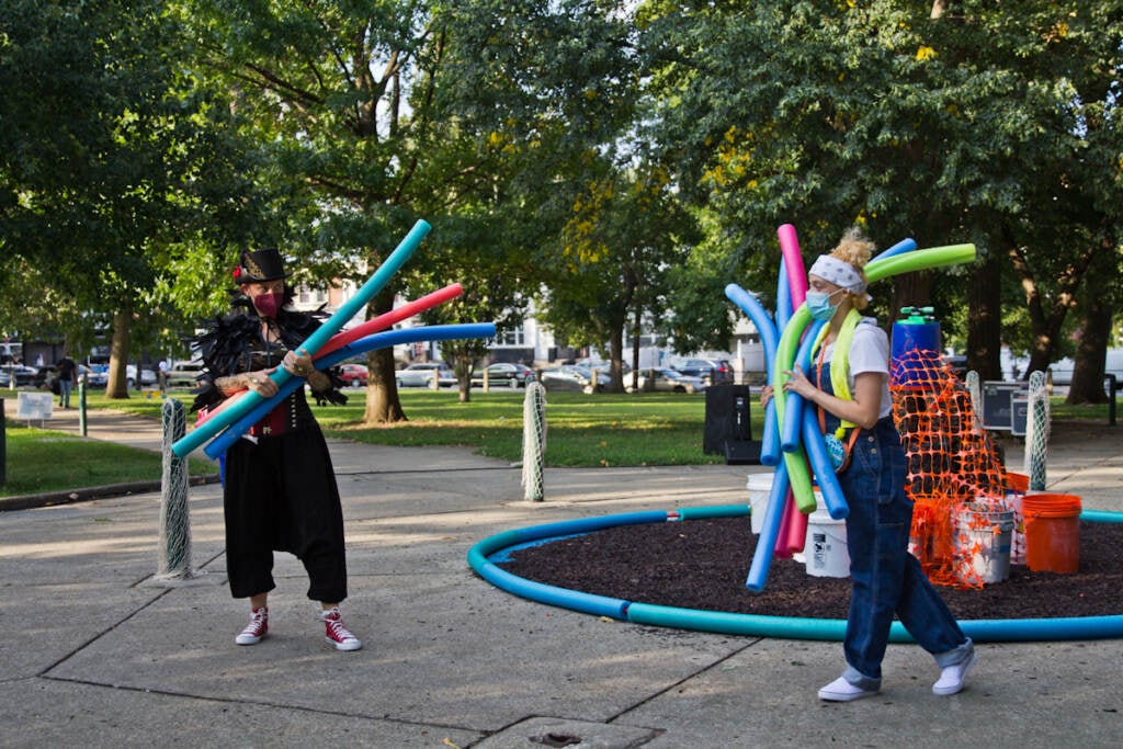 Performers are pictured in the Shakespeare in Clark Park production of Peril’s Island.