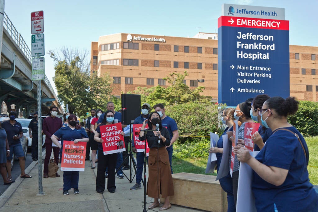 Helen Gym speaks at a rally for Jefferson Hospital murses fighting to unionize