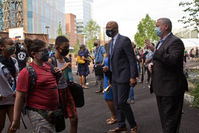 Philadelphia Mayor Jim Kenney and Superintendent WIlliam Hite greeted students on their first day of school on Aug. 31, 2021. (Kimberly Paynter/WHYY)