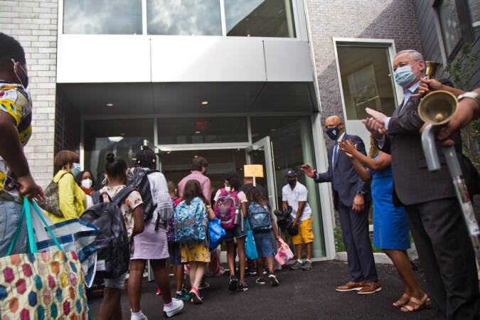 Mayor Jim Kenney and Superintendent WIlliam Hite greet students on their first day of school