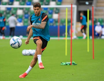 Chelsea's Christian Pulisic kicks the ball during a training session at Windsor Park in Belfast, Northern Ireland, Tuesday, Aug. 10, 2021. Chelsea and Villarreal will meet in the UEFA Super Cup in Belfast