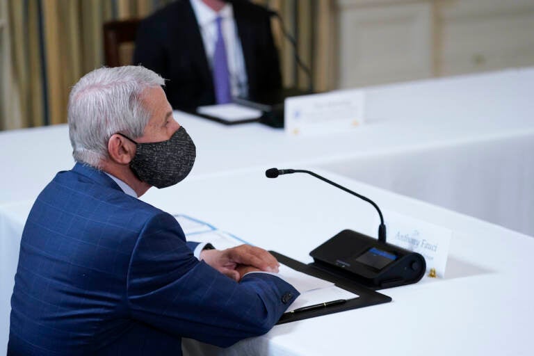 Dr. Anthony Fauci, director of the National Institute of Allergy and Infectious Diseases, listens as President Joe Biden receives a briefing in the State Dining Room of the White House in Washington, Tuesday, Aug. 10, 2021, on how the COVID-19 pandemic is impacting hurricane preparedness. (AP Photo/Susan Walsh)