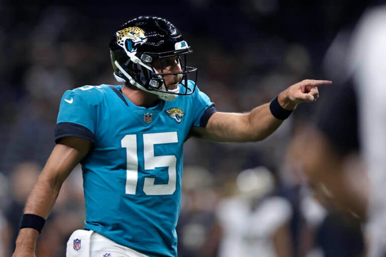 Jacksonville Jaguars quarterback Gardner Minshew reacts in the second half of an NFL preseason football game against the New Orleans Saints in New Orleans, Monday, Aug. 23, 2021