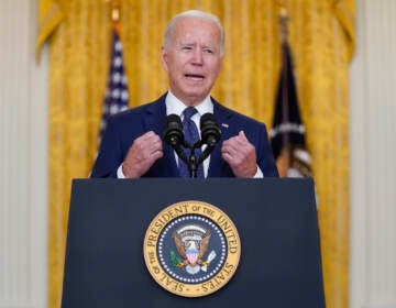 President Joe Biden speaks about the bombings at the Kabul airport that killed at least 12 U.S. service members, from the East Room of the White House, Thursday, Aug. 26, 2021, in Washington. (AP Photo/Evan Vucci)