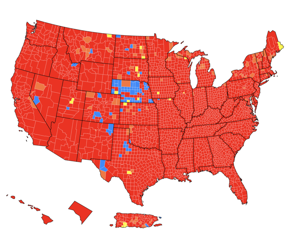 A CDC map shows that nearly the entire U.S. is seeing high levels of community transmission of COVID-19