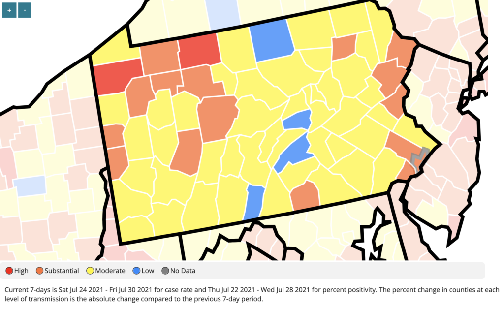 A map of Pennsylvania illustrates varying levels of COVID-19 transmission 