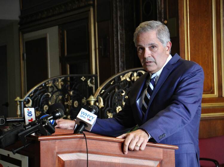 DA_larry_krasner_opioid_lawsuit_EL_080221 Larry Krasner speaks from a podium during a press conference