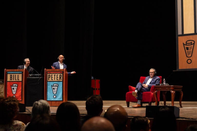 Philadelphia District Attorney Larry Krasner was the local guest who played “Not My Job” at the live taping of Wait, Wait, Don’t Tell Me! at the Mann Center on August 5, 2021. The show was the first audience-attended taping since the COVID-19 pandemic shutdowns. (Kimberly Paynter/WHYY)