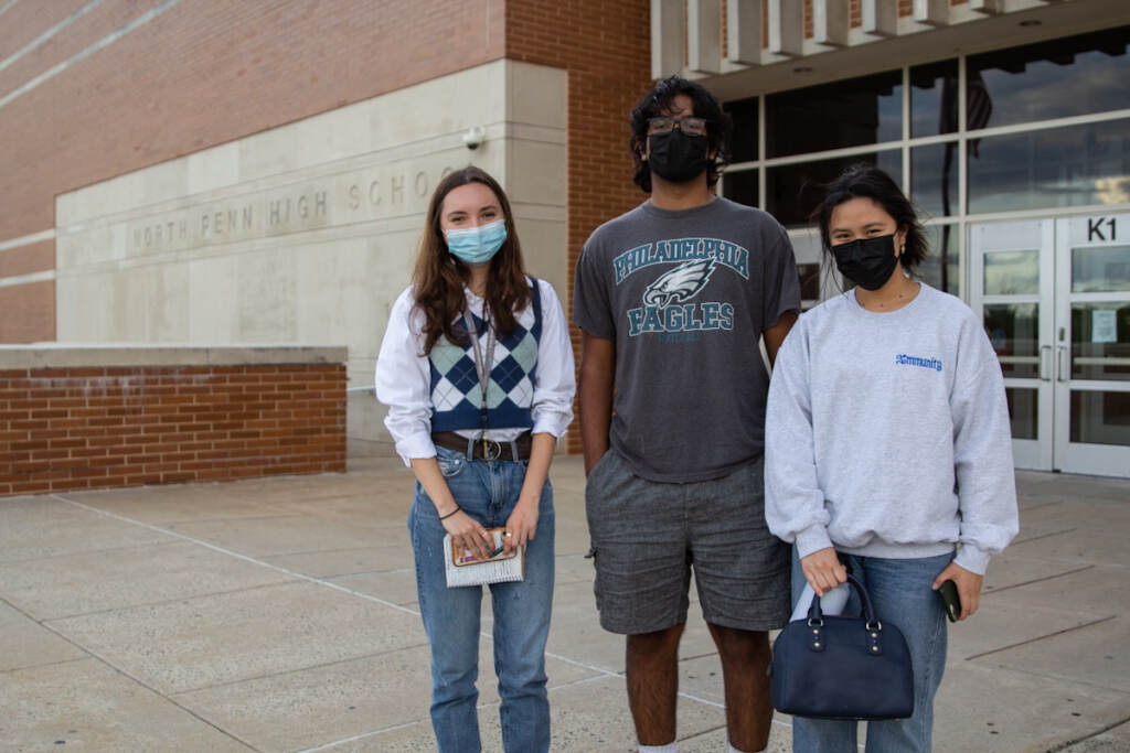 Rising seniors (from left) Nadia Sharifi, Dhruv Thota, and Angelina Soedjartanto attended a North Penn School District board meeting in support of mask mandates in the classroom