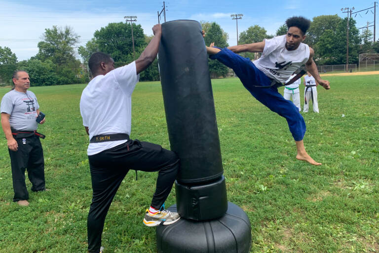 A demonstration during the anti-gun violence martial arts program 'Kicks Up, Guns Down'. (Aaron Moselle / WHYY)