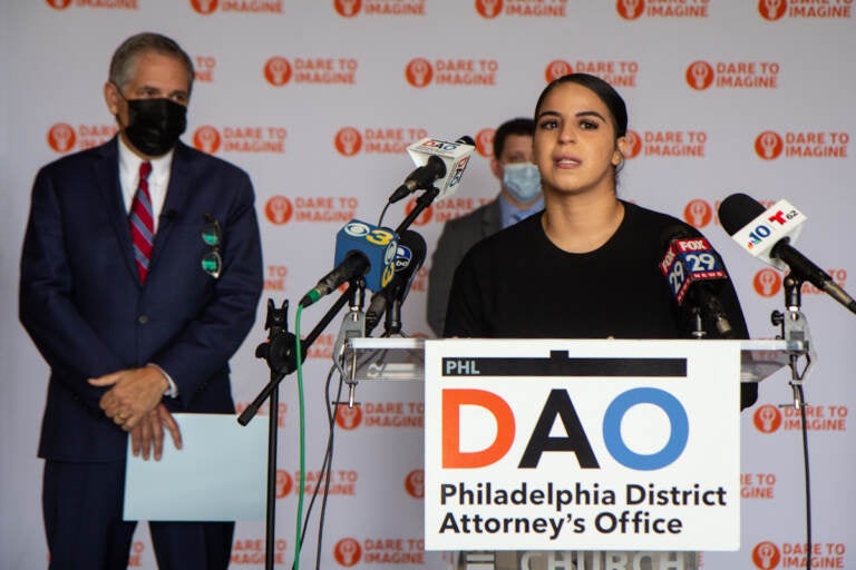 Joan Ortiz speaks at a DAO press conference.