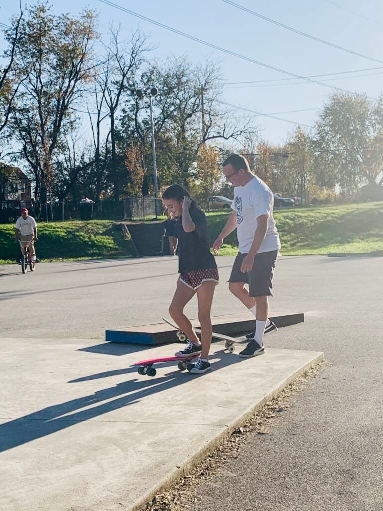 Joseph _Joey_ Peleckis, Delco Skatepark Coalition board member, with daughter Reese at McReesh Skatepark October 2020 shot. Courtesy - Johanna Peleckis