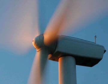 A closeup of an offshore wind turbine
