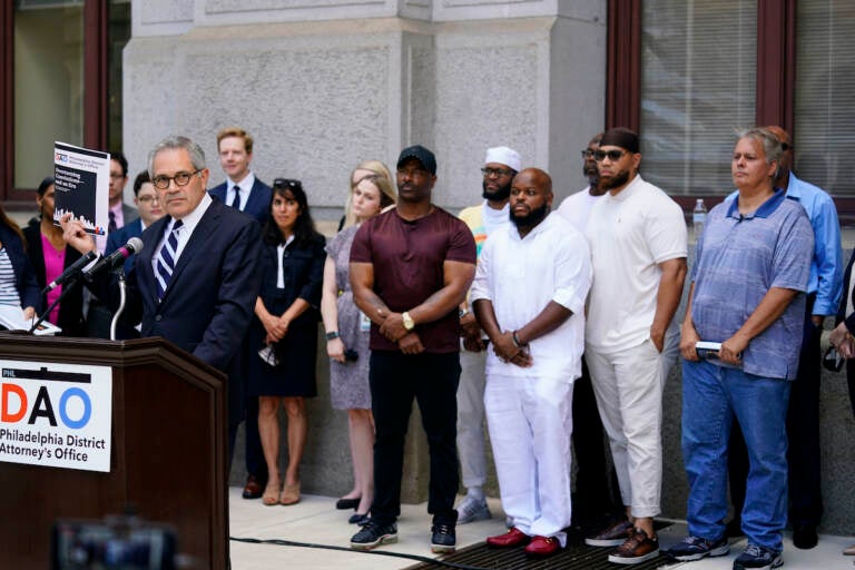 District Attorney Larry Krasner speaks during a news conference while standing with people who were exonerated, in Philadelphia, Tuesday, June 15, 2021. (AP Photo/Matt Rourke)