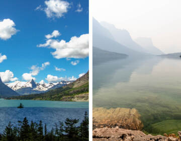 In July wildfire smoke hung over St. Mary Lake in Glacier National Park in Montana (right). The haze muted the bright views amateur photographer Heather Duchow remembered from and anniversary trip 15 years ago (left).
(Heather Duchow)