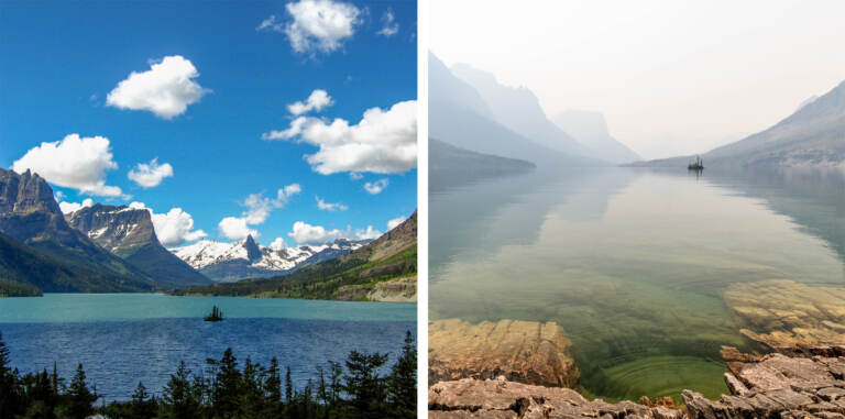 In July wildfire smoke hung over St. Mary Lake in Glacier National Park in Montana (right). The haze muted the bright views amateur photographer Heather Duchow remembered from and anniversary trip 15 years ago (left).
(Heather Duchow)