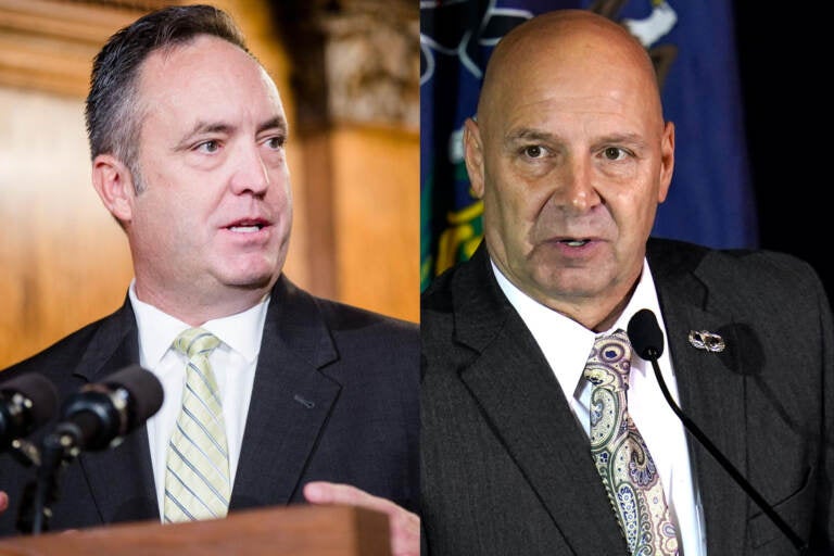 Pa. Senate President Pro Tempore Jake Corman (left), and Pa. state Sen. Doug Mastriano, R-Franklin (Commonwealth Media Services; AP Photo/Julio Cortez, File)