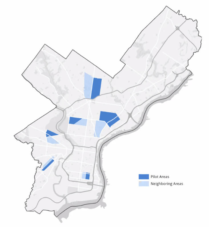 Expanded street cleaning areas are illustrated on a map of Philadelphia. 