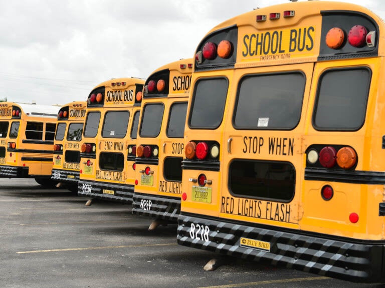 A fleet of Broward County School Buses are parked in a lot on July 21, 2020, in Pembroke Pines, Fla. Three county educators have died of complications from the coronavirus. (Johnny Louis/Getty Images)