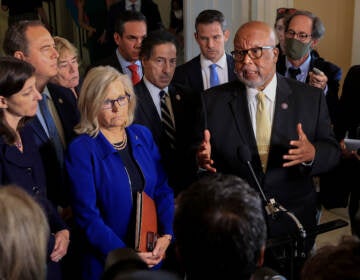 Reps. Bennie Thompson (right) and Liz Cheney, joined by fellow committee members, speak to the media after a July 27 hearing of the House select committee investigating the Jan. 6 attack on the U.S. Capitol. (Chip Somodevilla/Getty Images)
