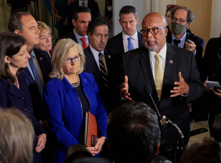Reps. Bennie Thompson (right) and Liz Cheney, joined by fellow committee members, speak to the media after a July 27 hearing of the House select committee investigating the Jan. 6 attack on the U.S. Capitol. (Chip Somodevilla/Getty Images)
