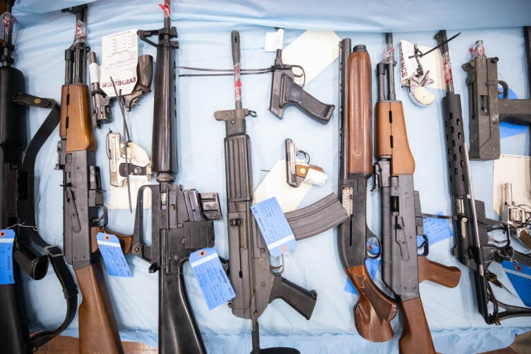 Guns are pictured on a table