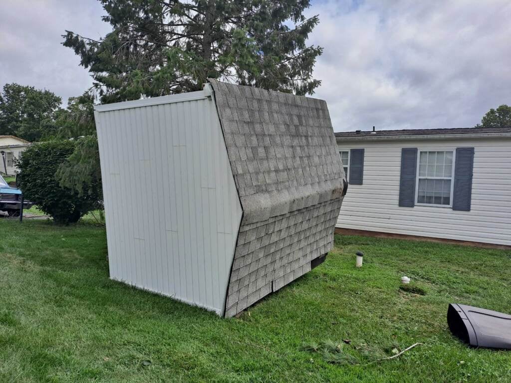 A shed sits on its side in Souderton