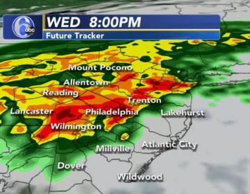 A weather map indicates downpours will produce flooding across the Philly region