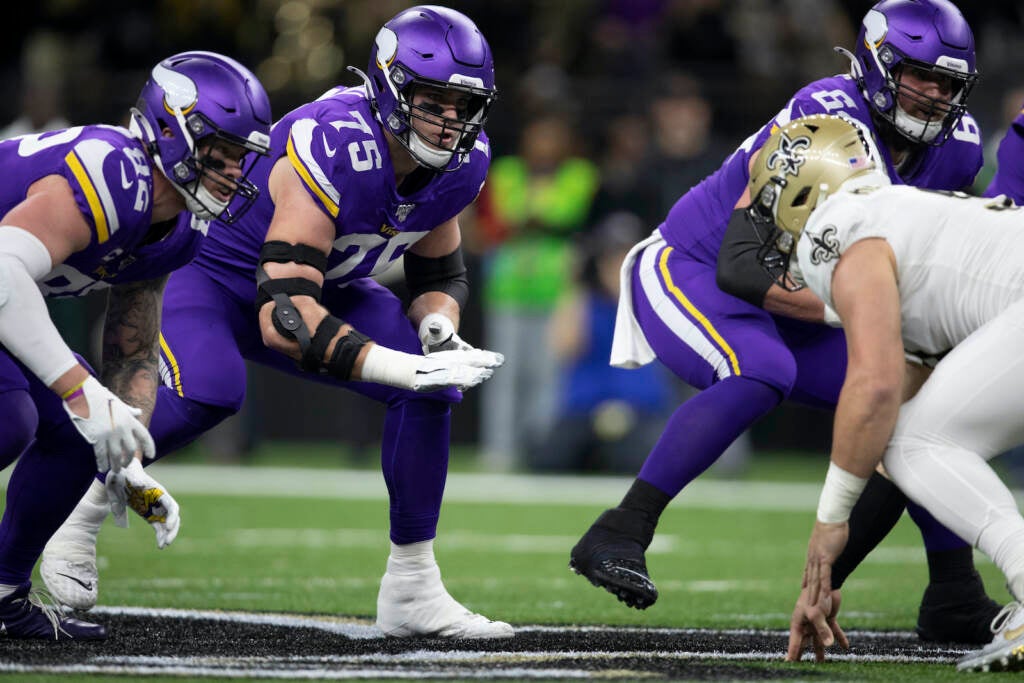 O'Neill (number 75) has been a stalwart of the Vikings' offensive line since his rookie season in 2018. (Minnesota Vikings)