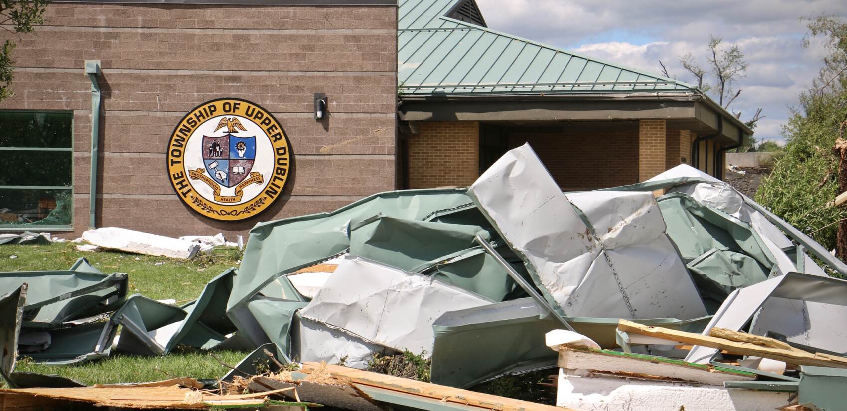 Wreckage in front of Upper Dublin High School after tornado.