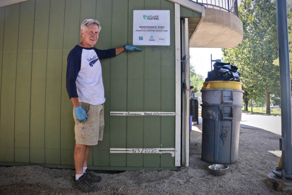 Blaise Syrnick shows how high the floodwaters rose