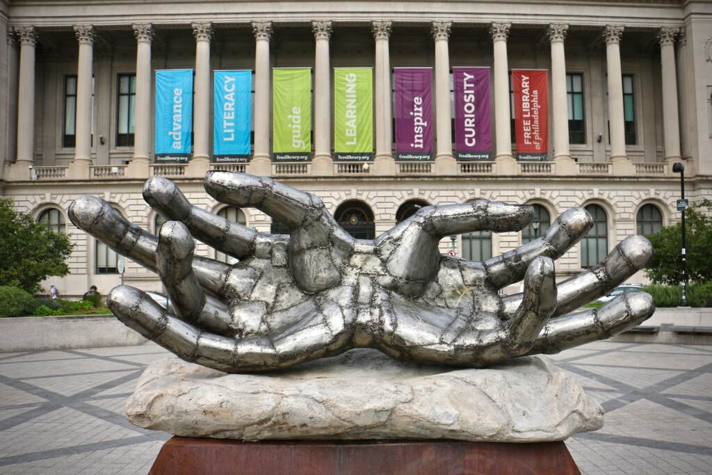 Christopher Myers's ''Caliban's Hands'' is installed at Shakespeare Park in front of the Central Branch of the Free Library of Philadelphia