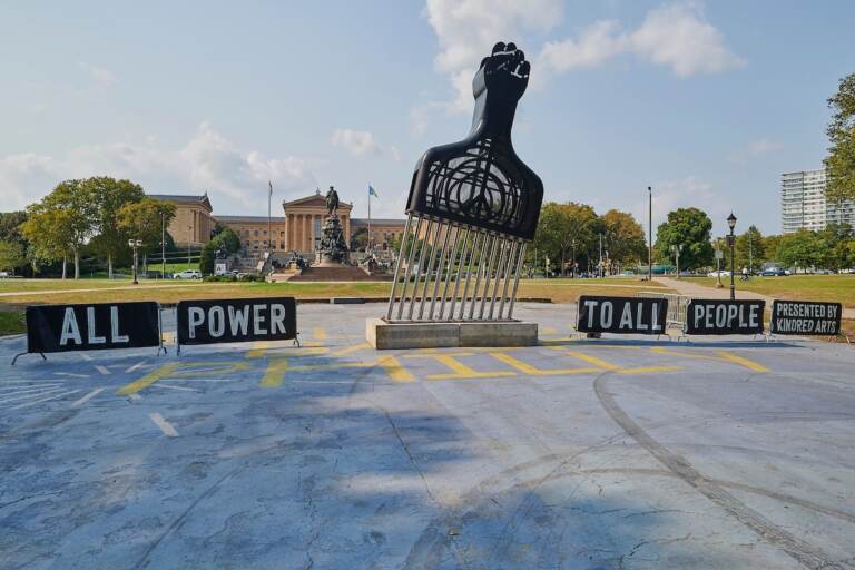 Hank Willis Thomas's ''All Power to All People'' stands 28 feet tall and weighs 24,000lbs. It is installed in Eakins Oval as part of the Monumental Tour, made up of four large sculptures installed in celebrated public places
