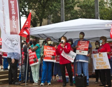 Mary Adamson, an ICU nurse, and president of the Temple University Nurses Association, led a rally for more nurse staffing and in support of the Patient Safety Act on September 23, 2021. (Kimberly Paynter/WHYY)