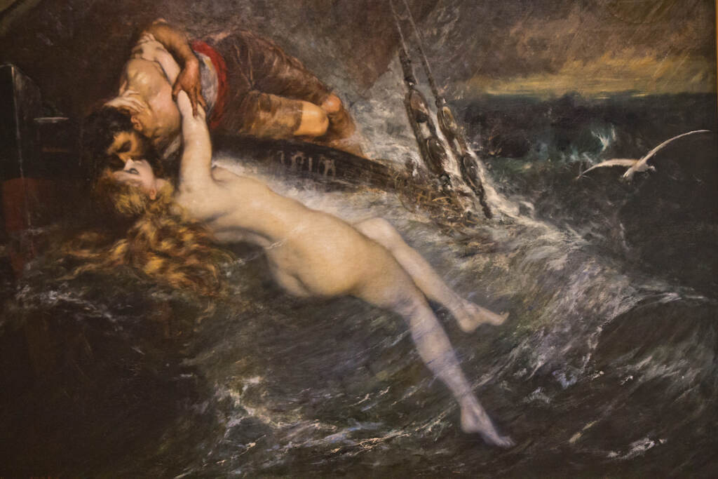 The Kiss of the Siren by Gustav Wertheimer, 1882 (insert) featured Suzanne Valadon as a siren