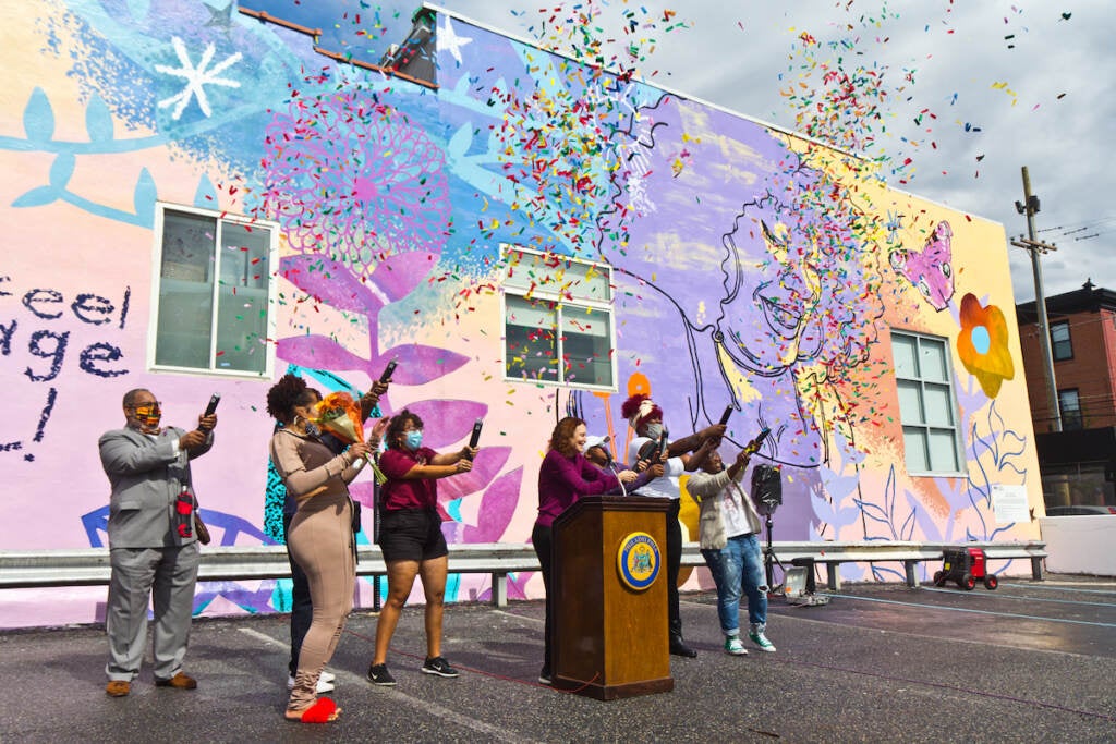 Mural Arts staff joined Morris Home residents and alumni to celebrate the dedication of We Are Universal to Philadelphia’s trans community